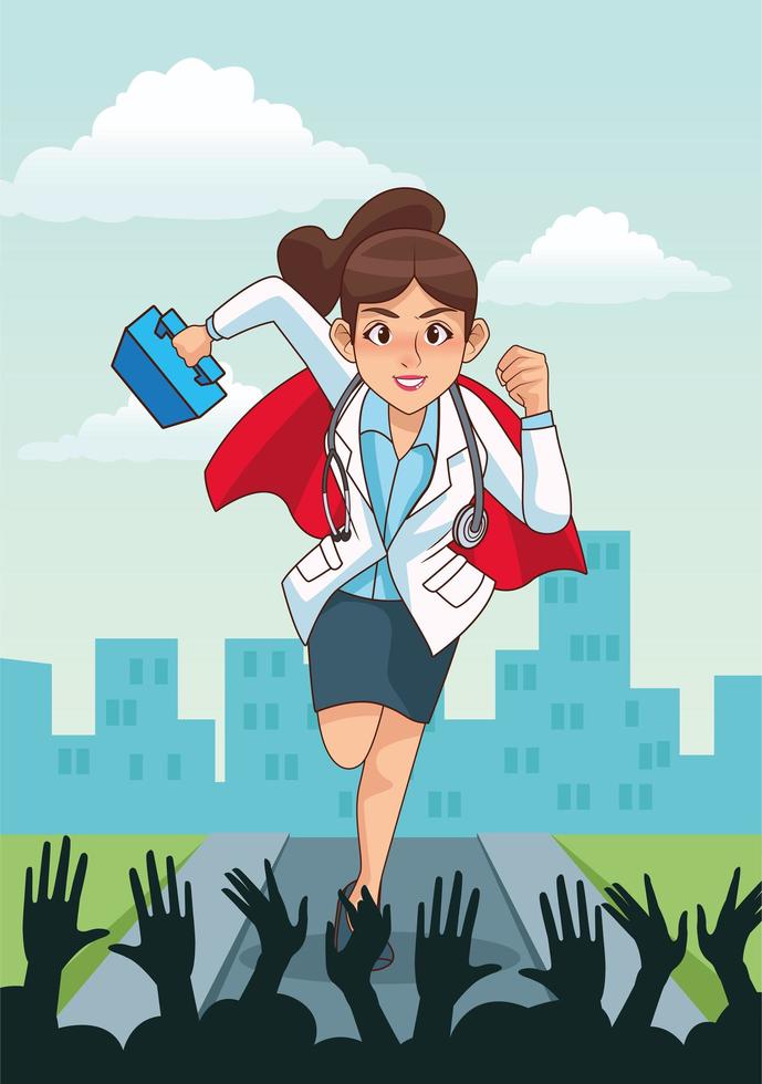 super doctora corriendo con botiquín médico vector