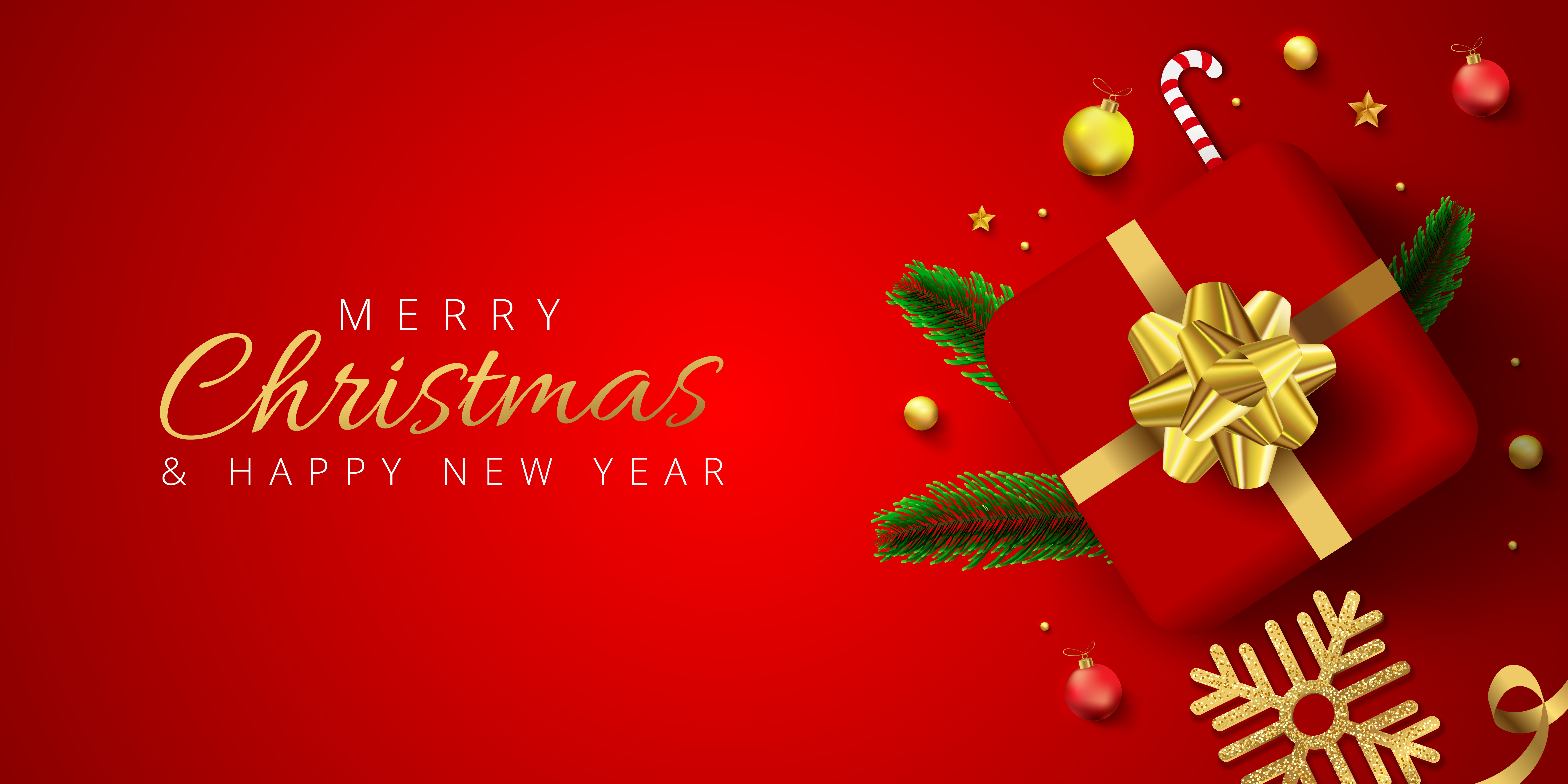 Red Christmas Banner with Gift, Baubles, Snowflake, Pine Leaves 1257041 Christmas Banner