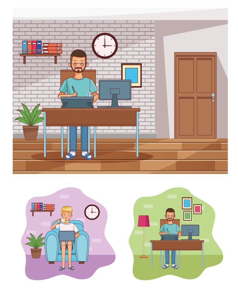 Work at home men characters vector