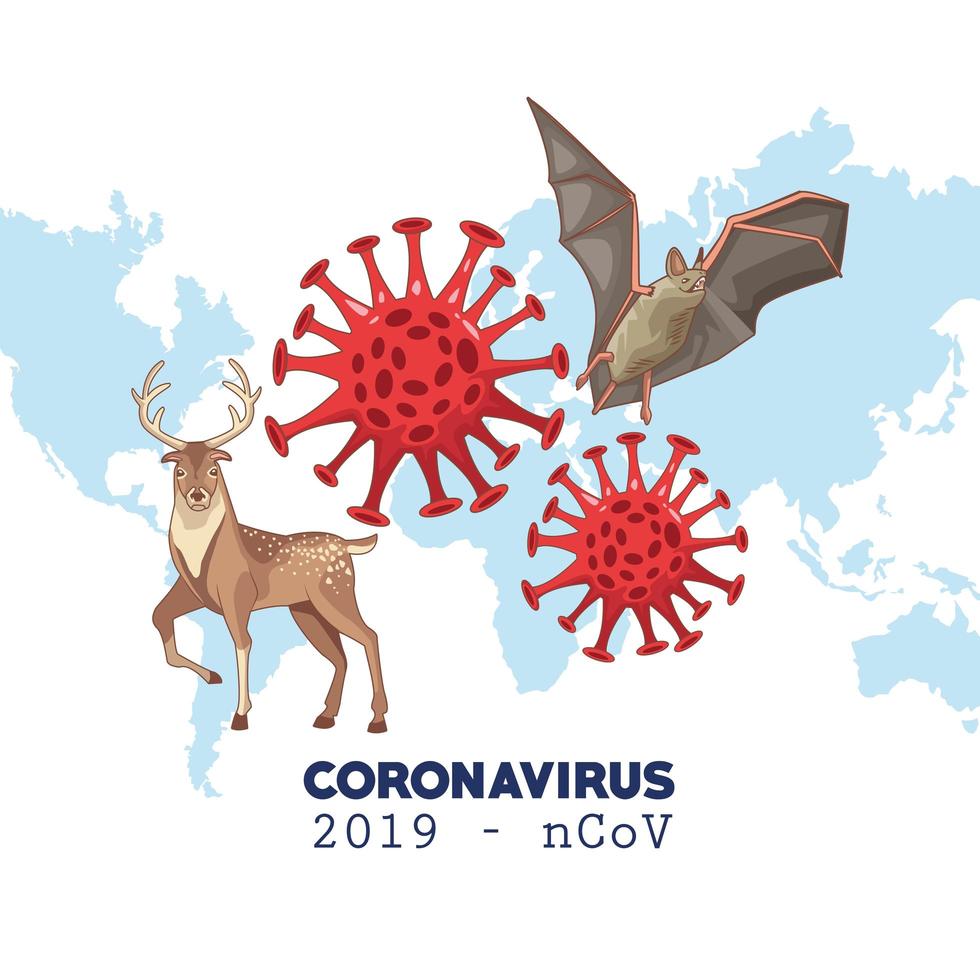 Infografía de coronavirus con mapa del mundo y animales. vector