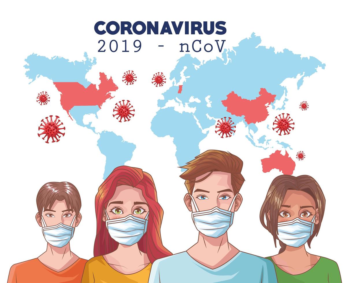 Infografía de coronavirus con personas que usan máscara y mapa mundial. vector