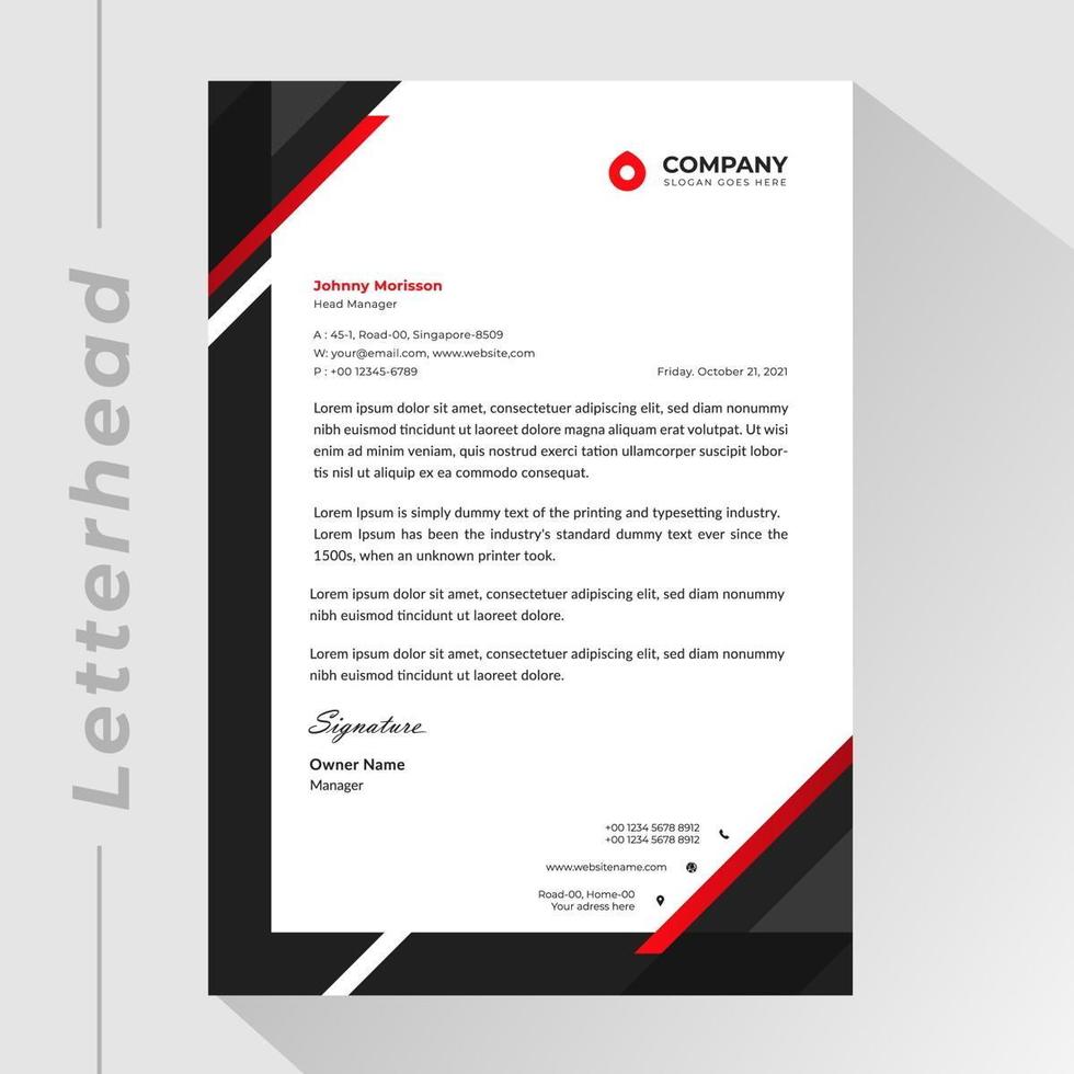 Letterhead template with black and red corner shapes vector