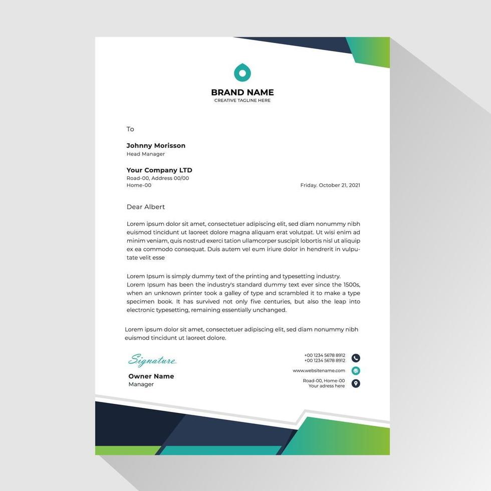 Business letterhead with angled blue green borders vector