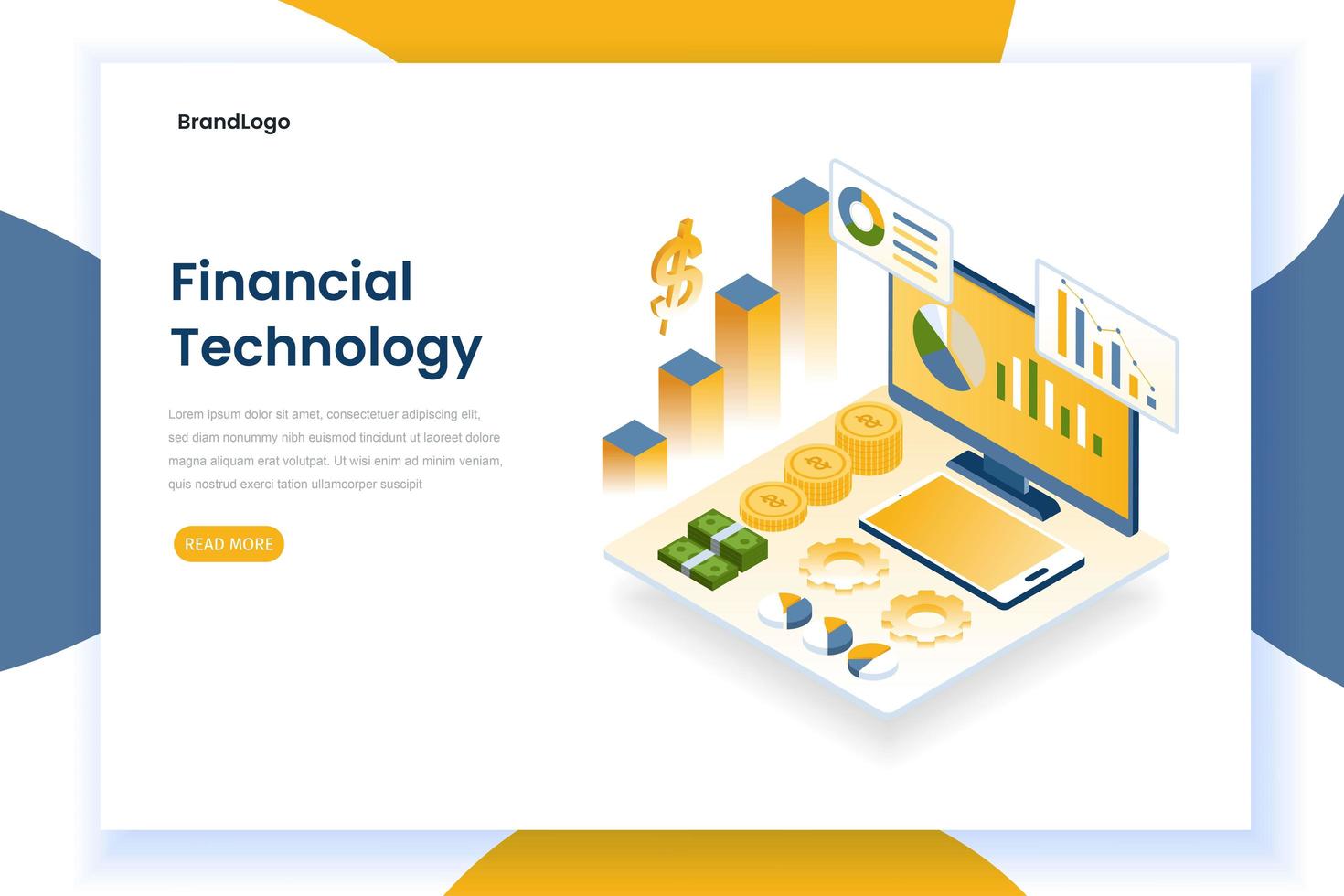 Financial technology landing page with charts and monitor vector