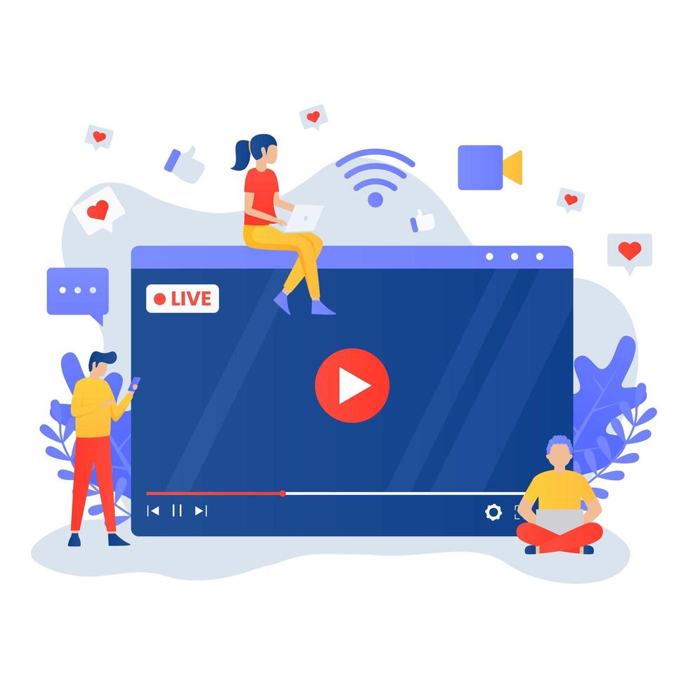 Live streaming flat design with people around screen vector