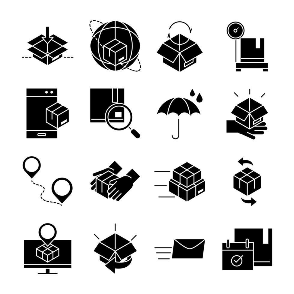 Set of black filled delivery and logistics icons  vector