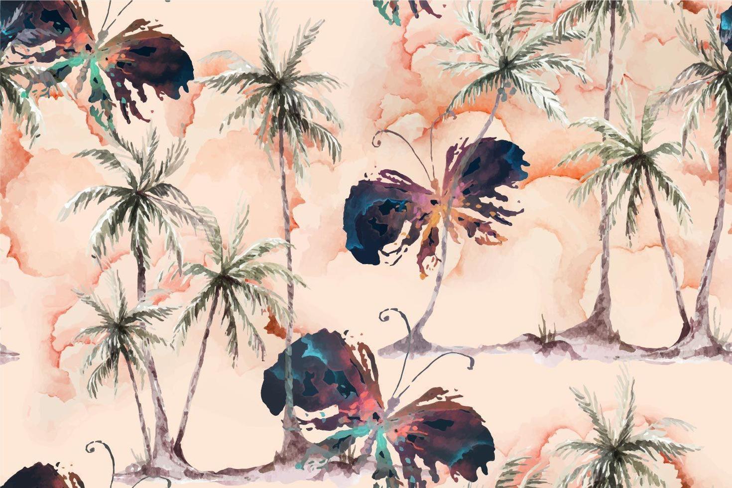 Watercolor seamless pattern of coconut tree and butterfly vector