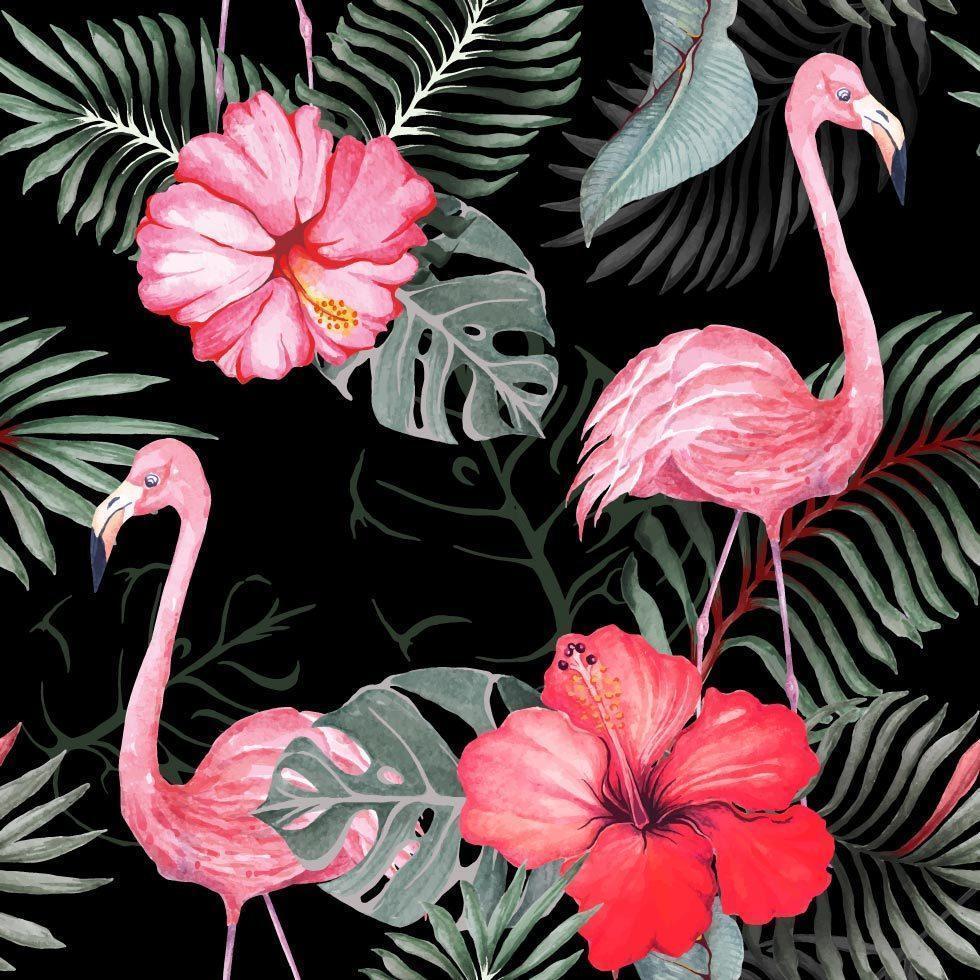 Seamless pattern of flamingo and hibiscus vector