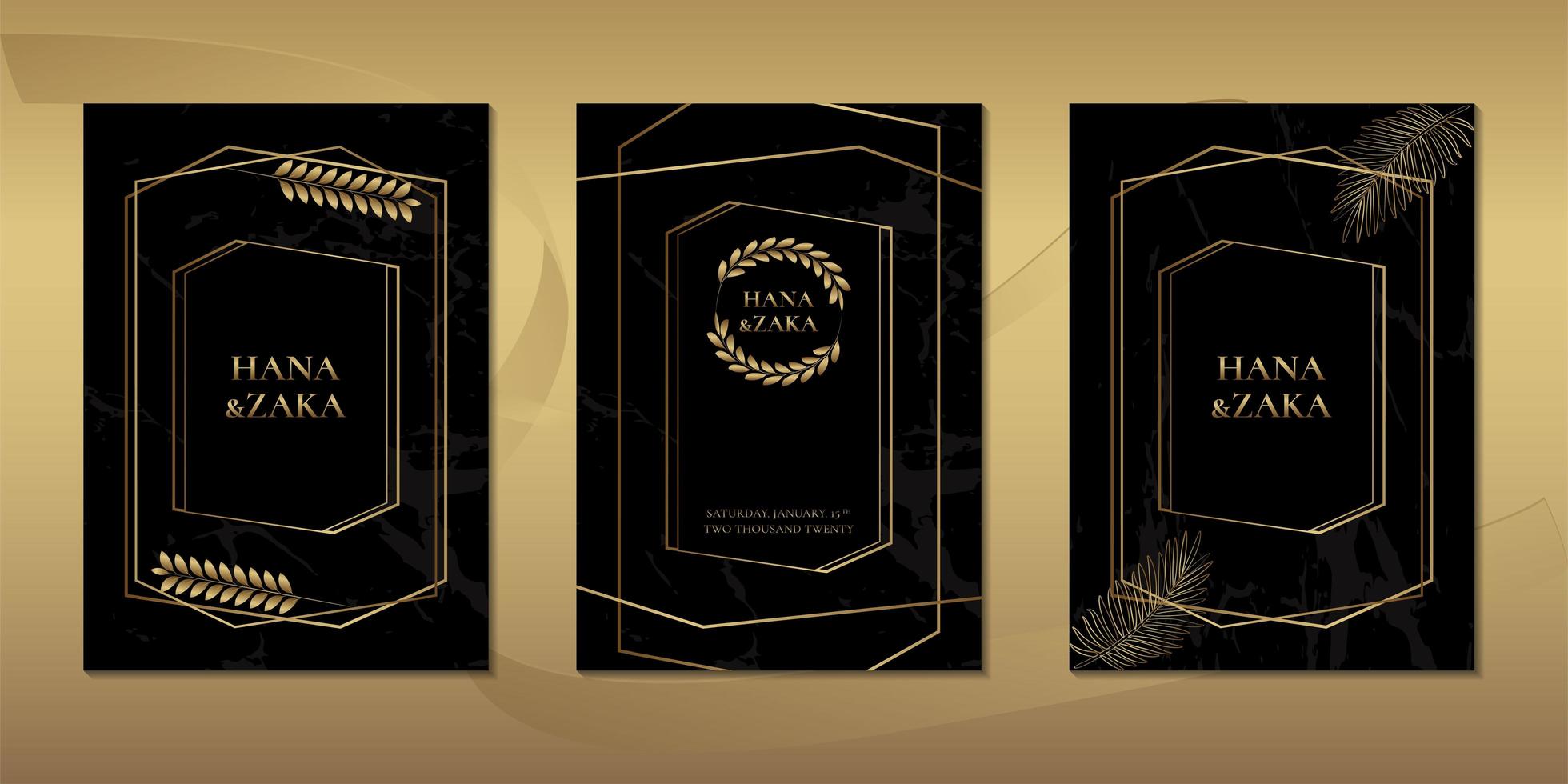 Wedding invitation cards black marble with gold leaves template vector