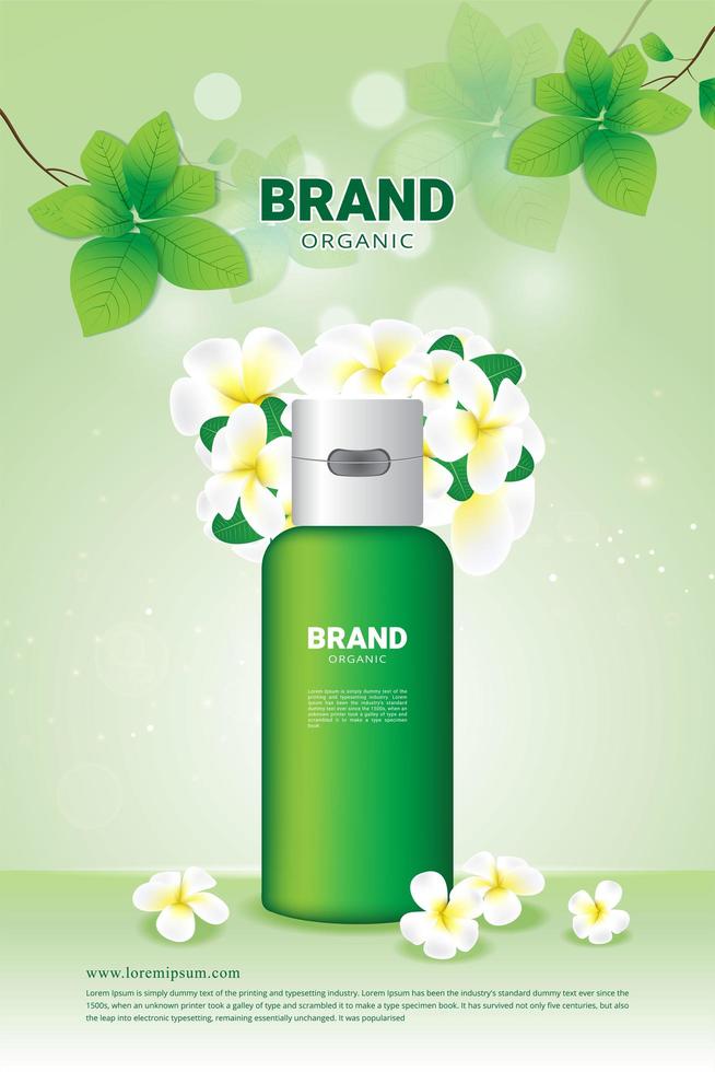 Natural green leaf and flower poster for organic cosmetic ads vector