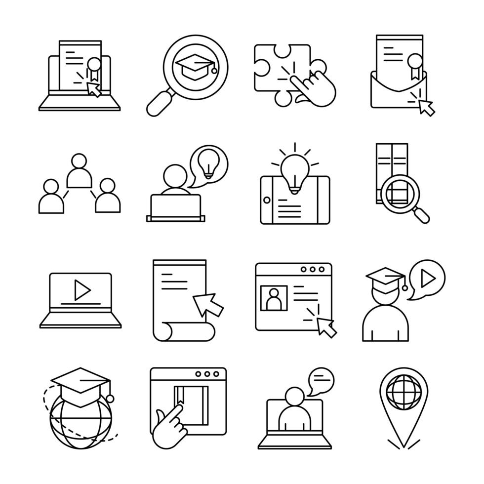 Conjunto de iconos de pictograma de línea de educación en línea vector