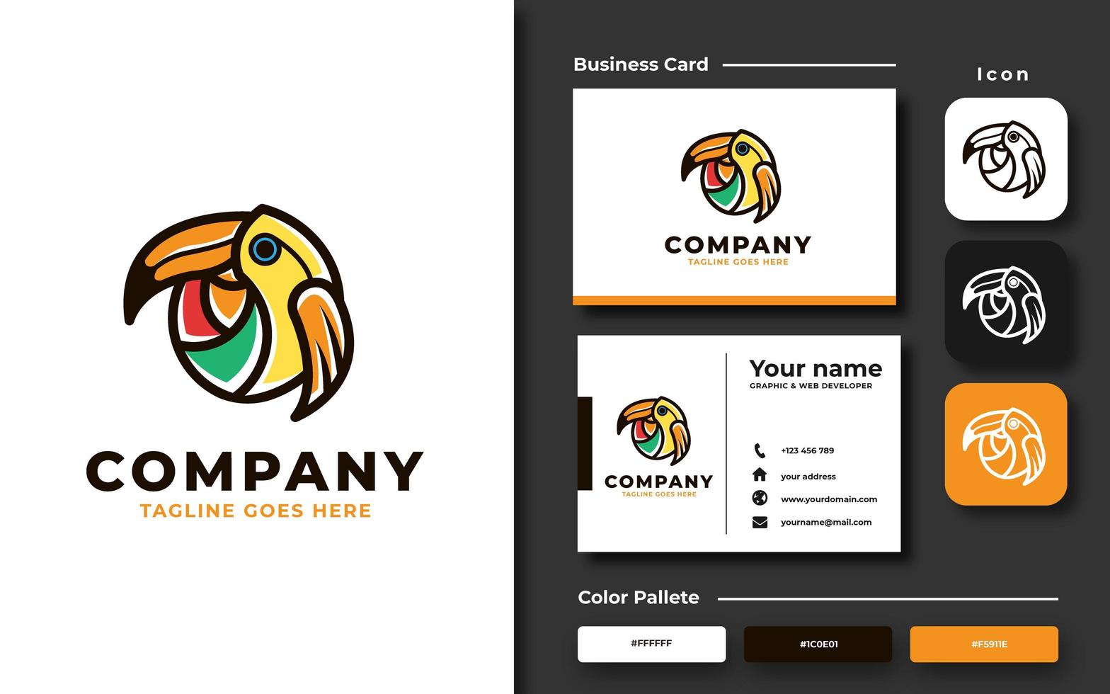 Creative colorful toucan bird template and business card vector