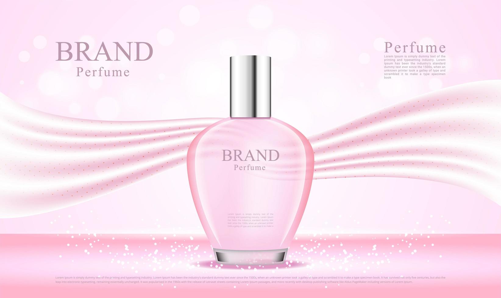 Frasco de perfume 3d con tela de seda rosa vector