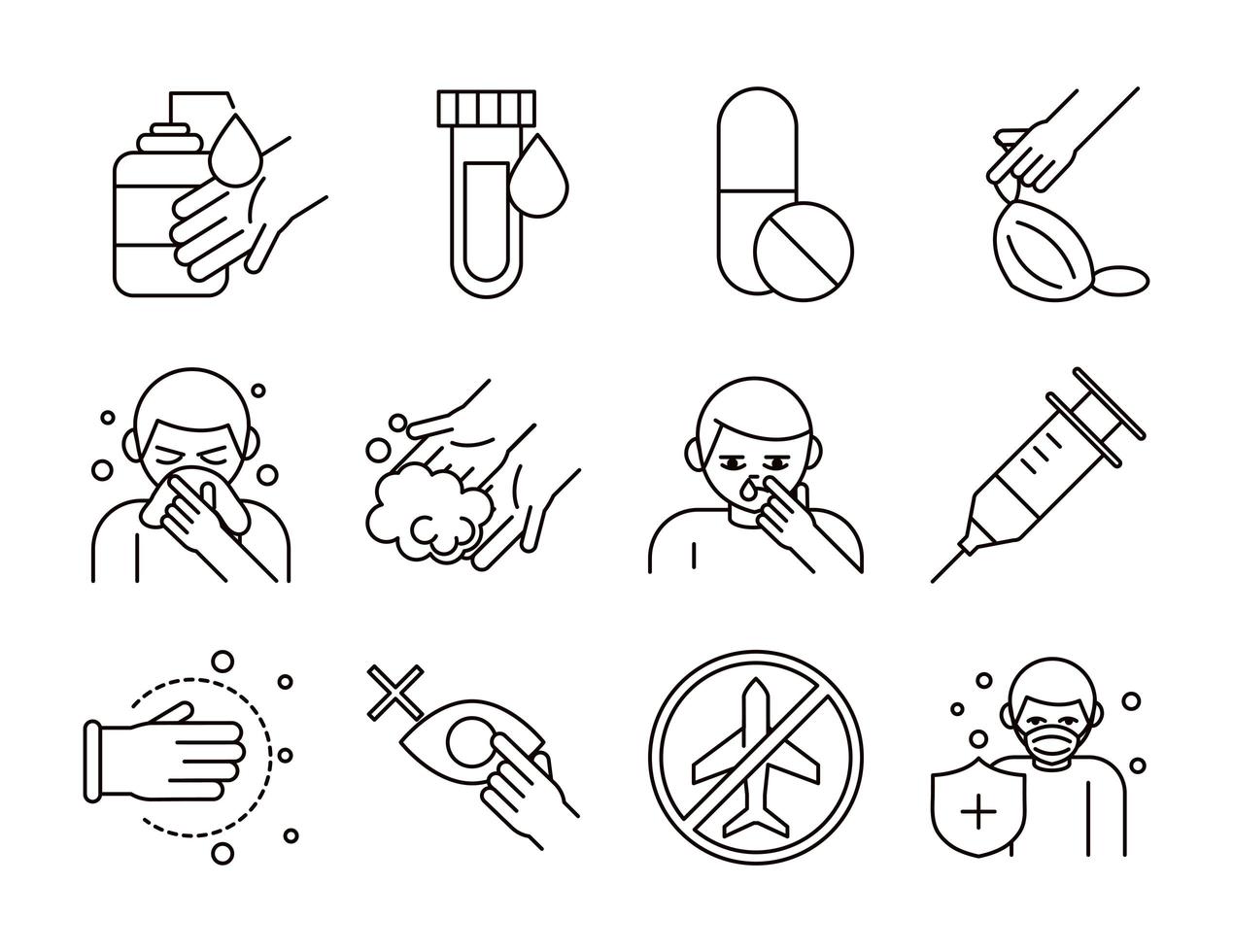 Coronavirus prevention pictogram icon package vector