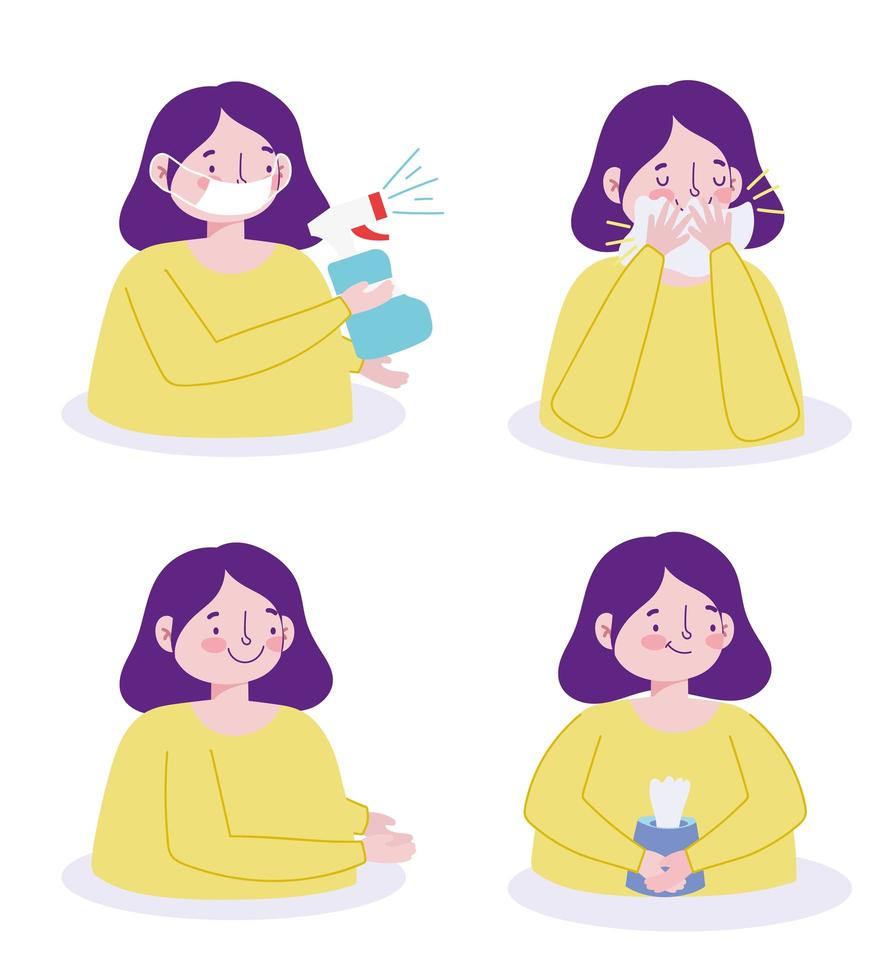 Woman character preventing viral infection icon set vector