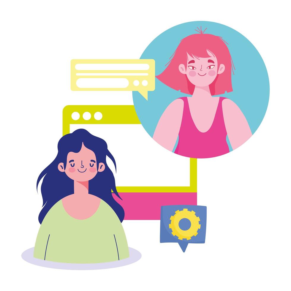 Girls connecting online with digital speech bubble vector