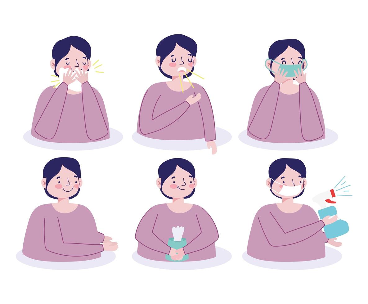 Male character preventing viral infection icon set vector