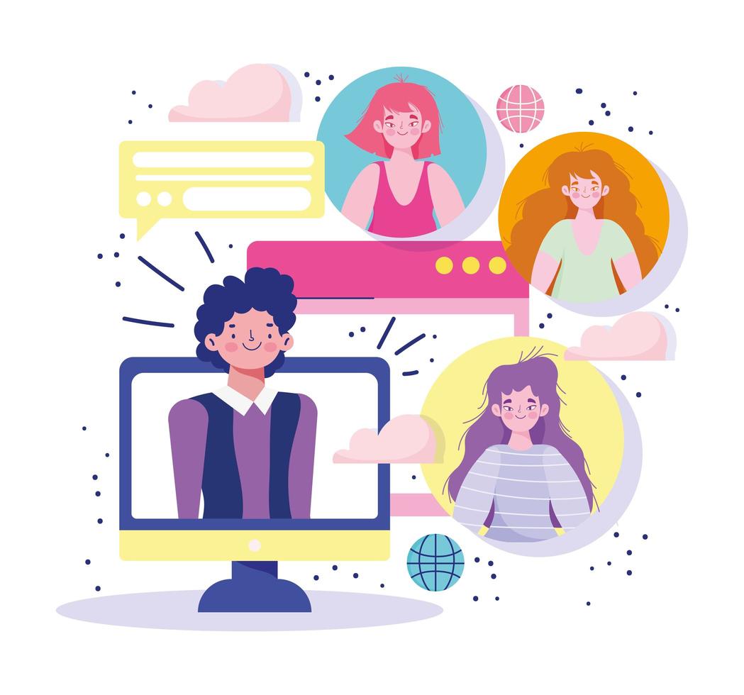 People meeting online with electronic devices vector