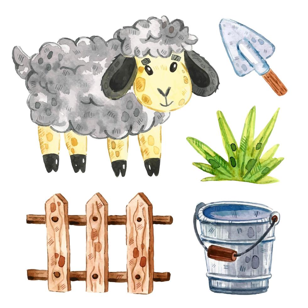 Sheep, cattle wooden fence, grass, bucket, shovel. vector