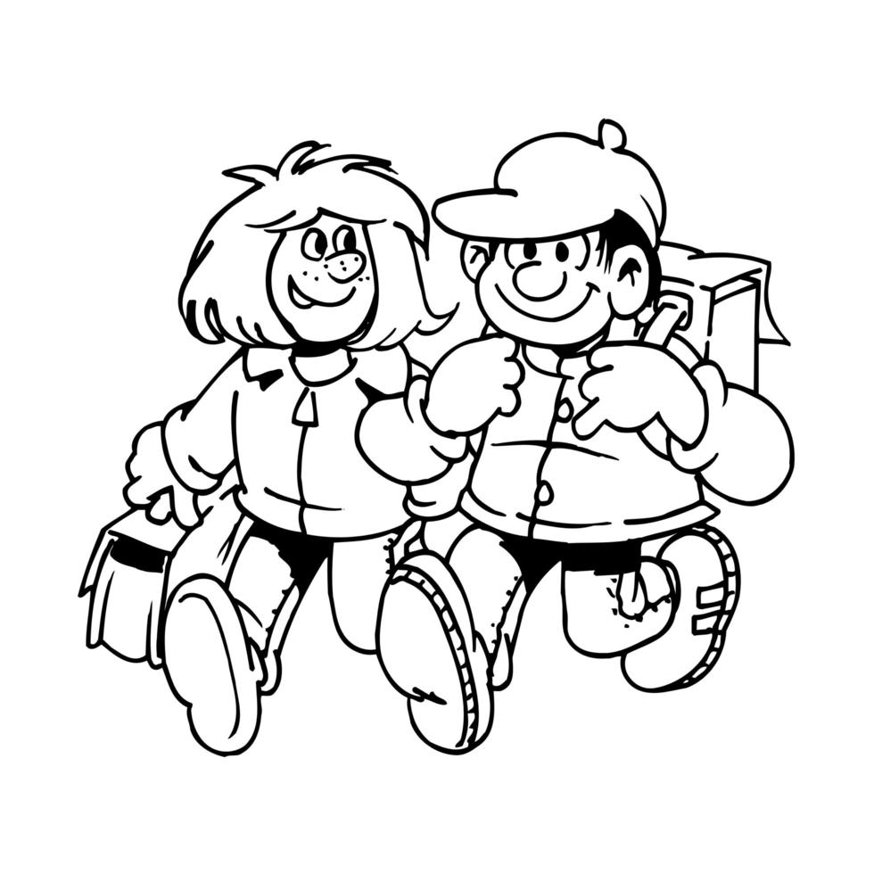 Two kids walking to school with happy expression vector