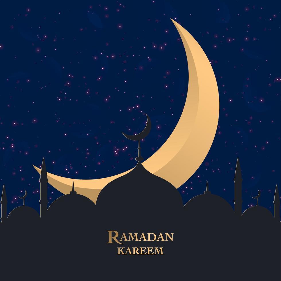 Ramadan Kareem greeting with crescent behind mosque silhouette vector