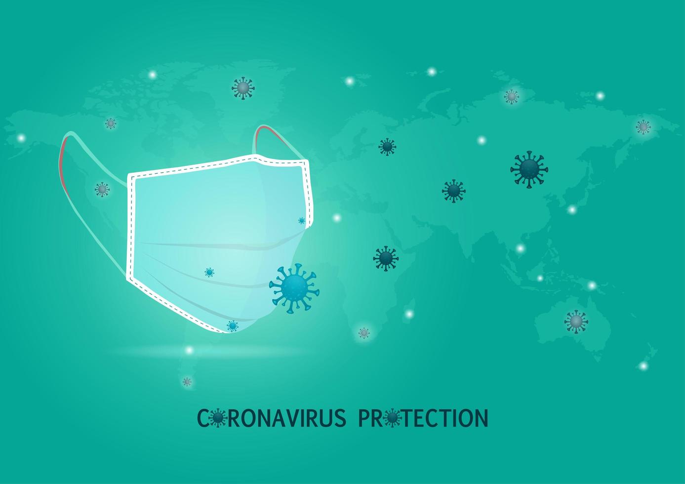 cartel de protección contra el coronavirus con máscara y células en el mapa mundial vector