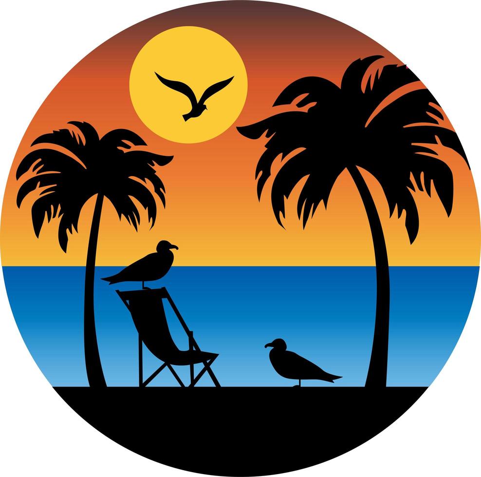 Palm trees and seagulls silhouette with sunset vector