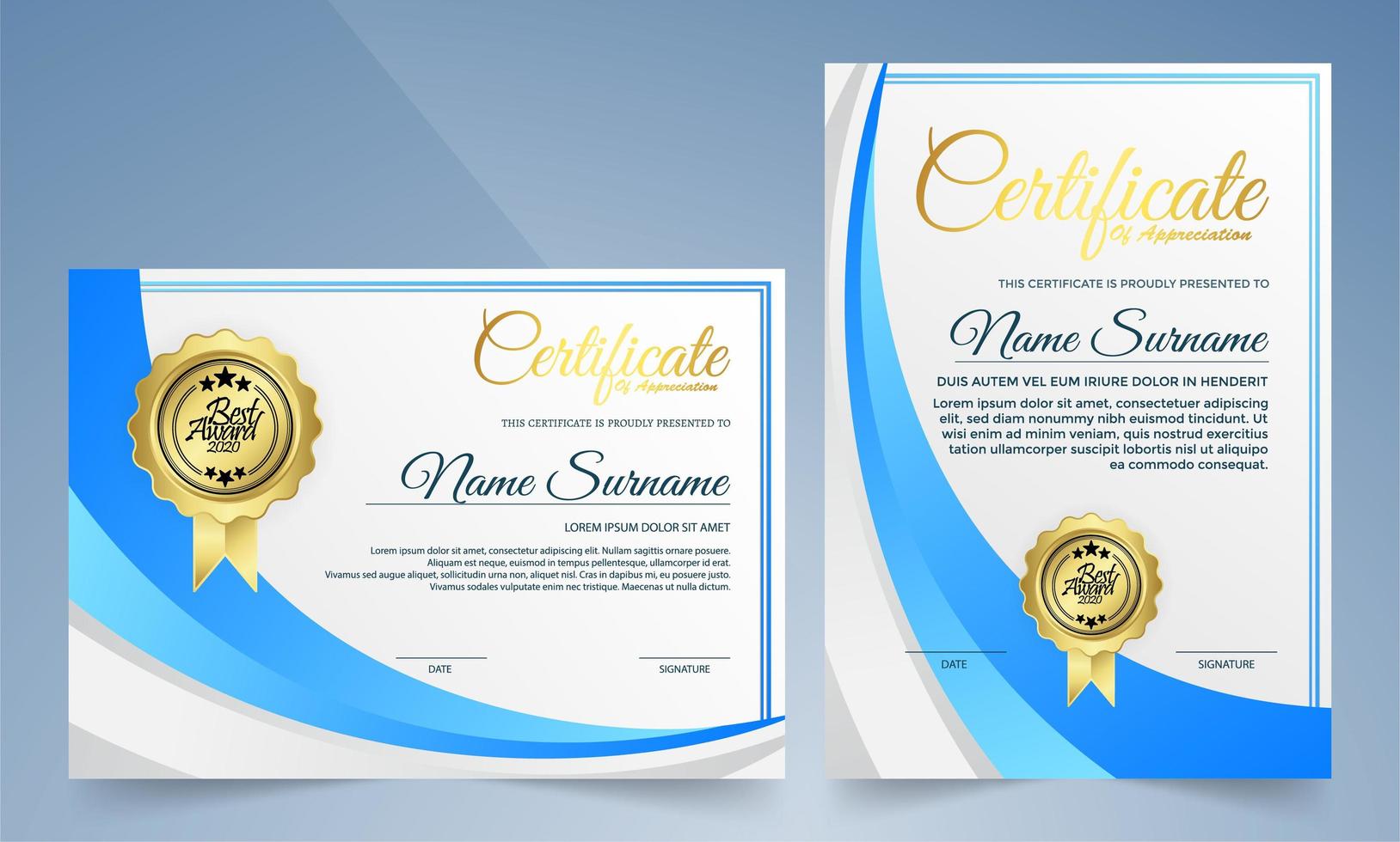 Horizontal and vertical blue and white curved shape certificates vector