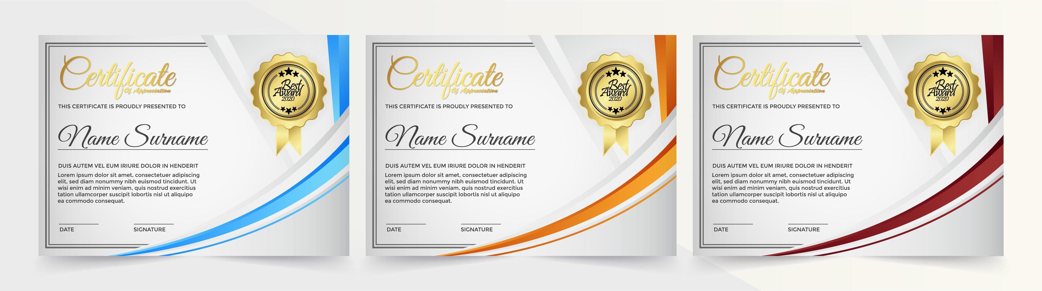 White certificates with blue, orange and red curved stripe vector