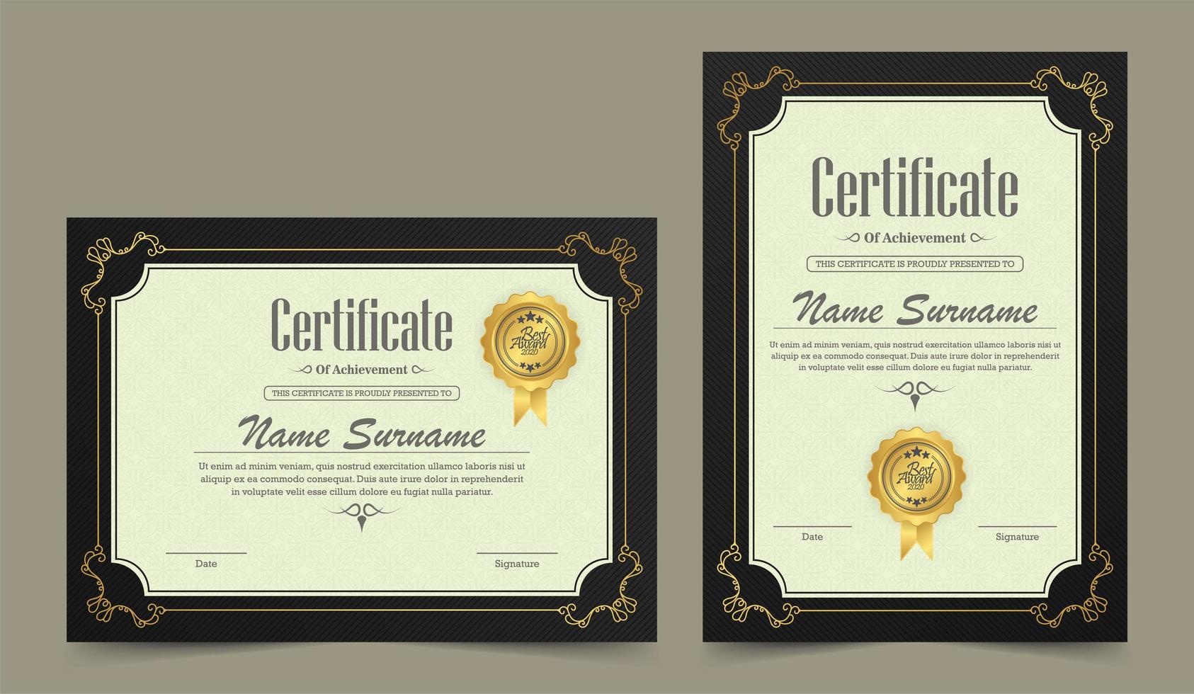 Conjunto de certificado de logro horizontal y vertical vintage vector