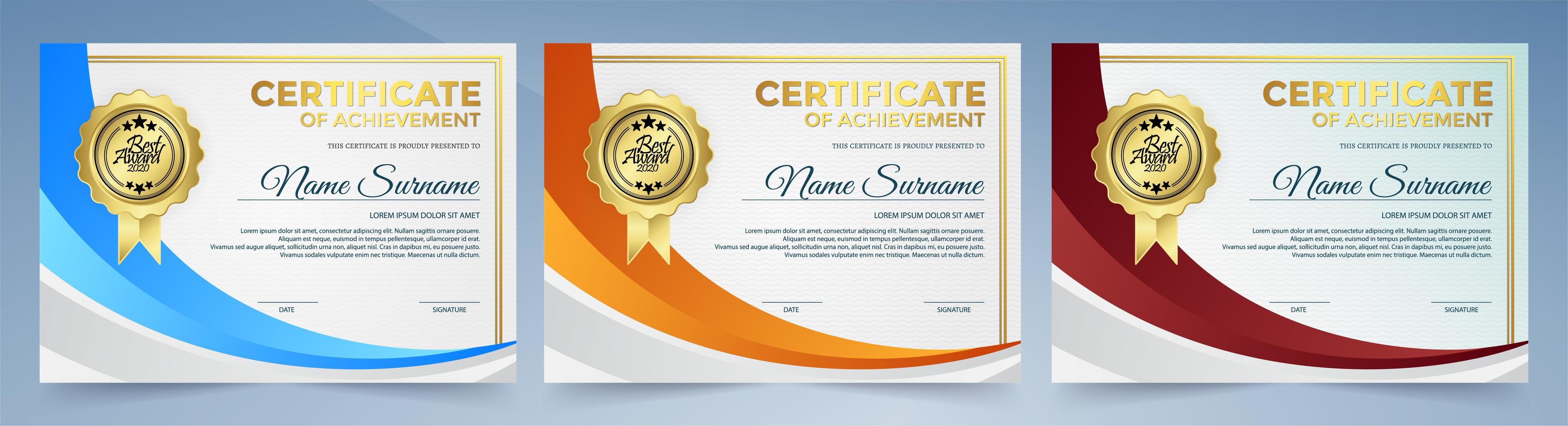 Certificate of set with orange, blue and red curve shape vector