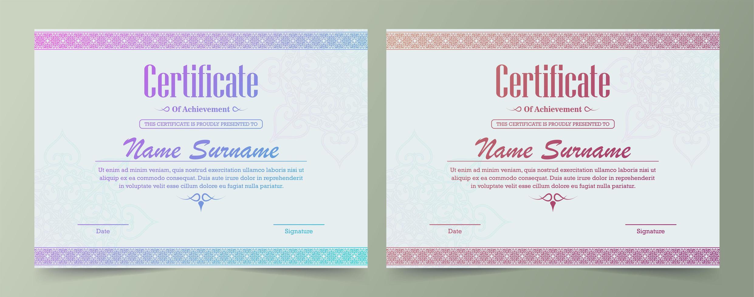 conjunto de certificado de borde ornamental degradado brillante vector