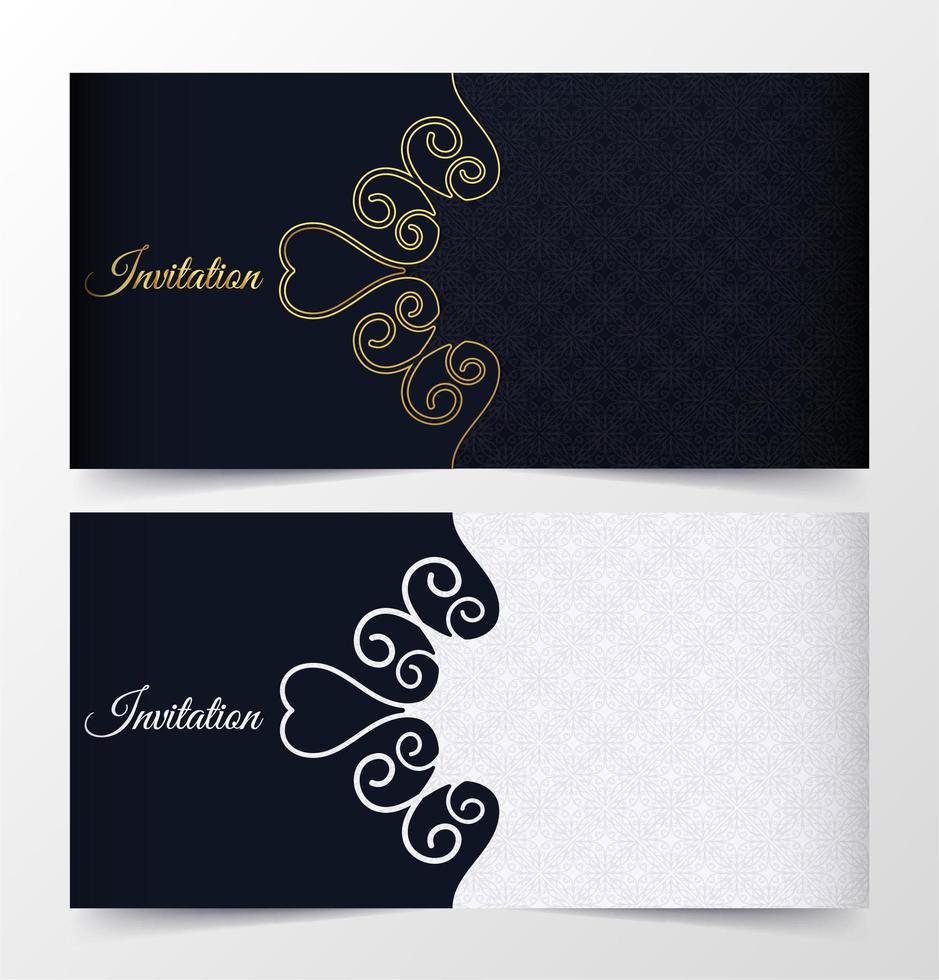 conjunto de invitación de patrón de remolino azul, blanco y dorado vector