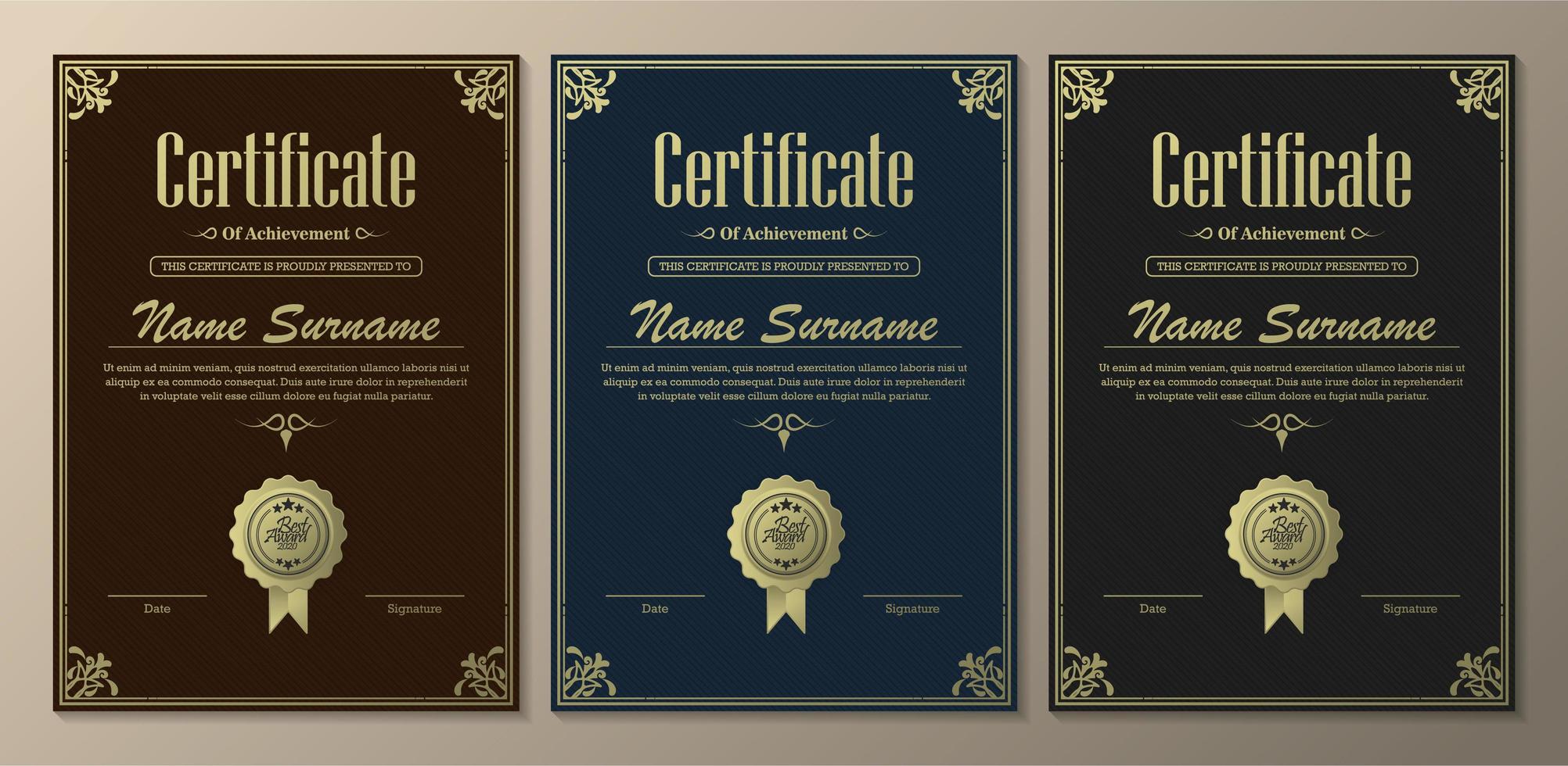 Classic certificate of achievement templates vector