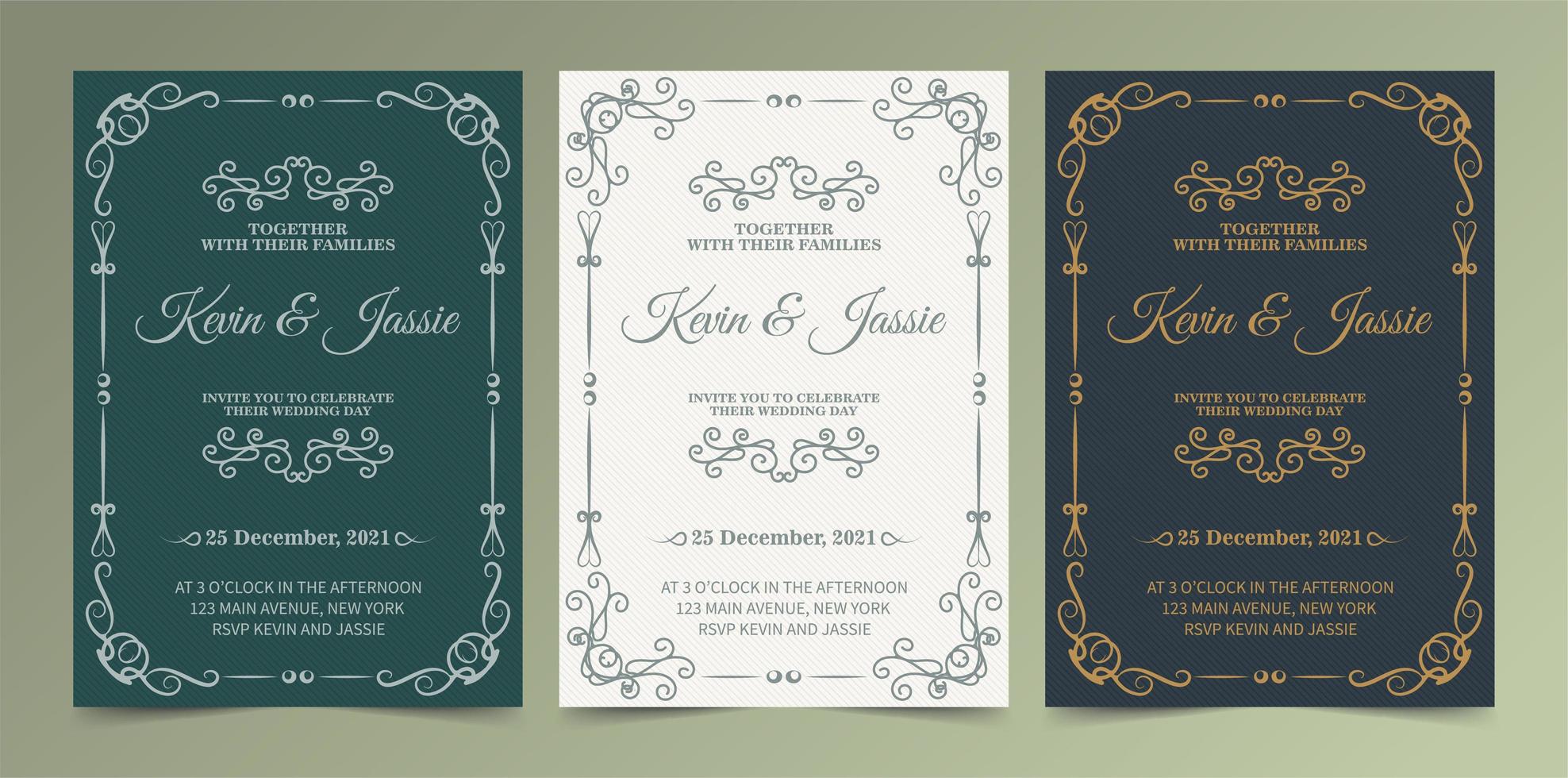 conjunto de invitación de boda ornamental verde, blanco y azul marino vector