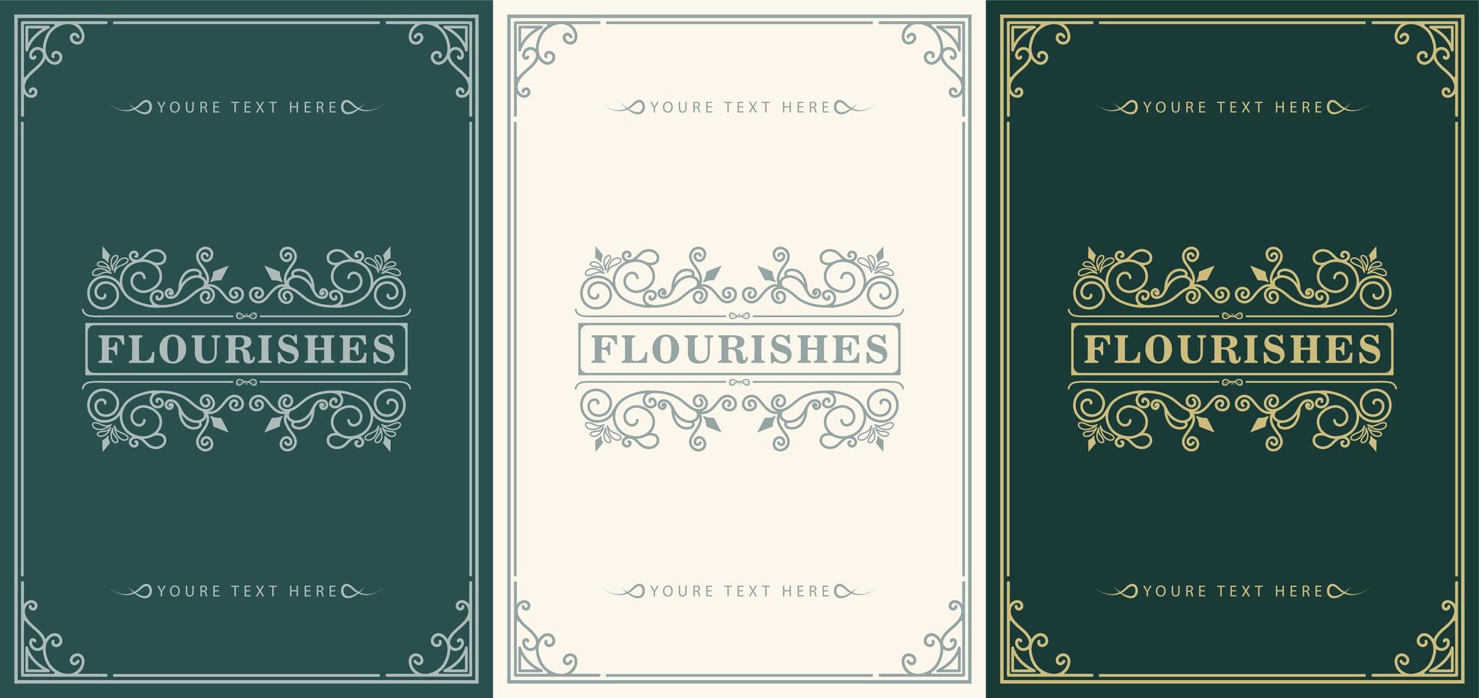 Green, white and gold flourish card set vector