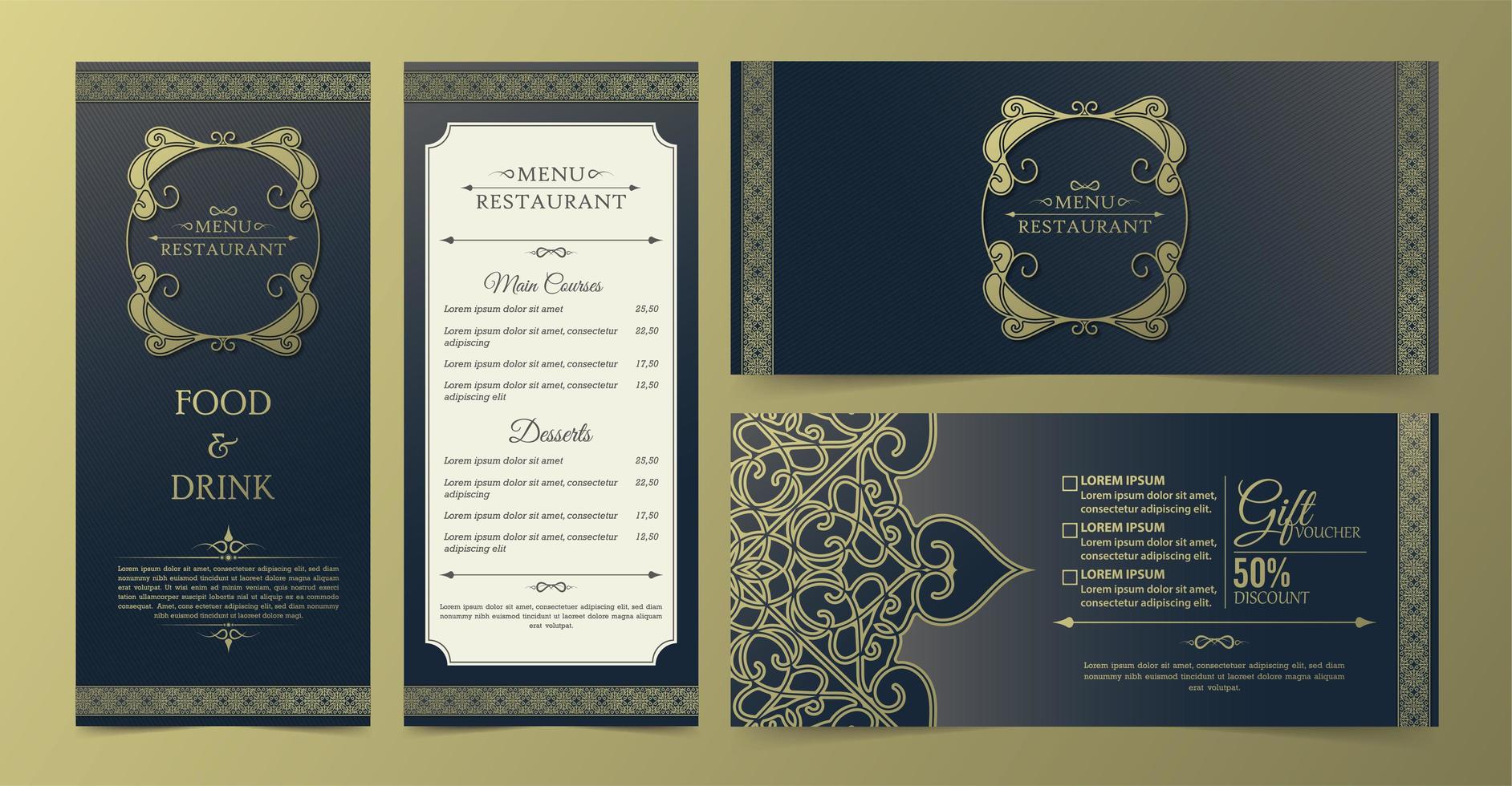 Blue and gold ornamental restaurant menu and voucher set vector