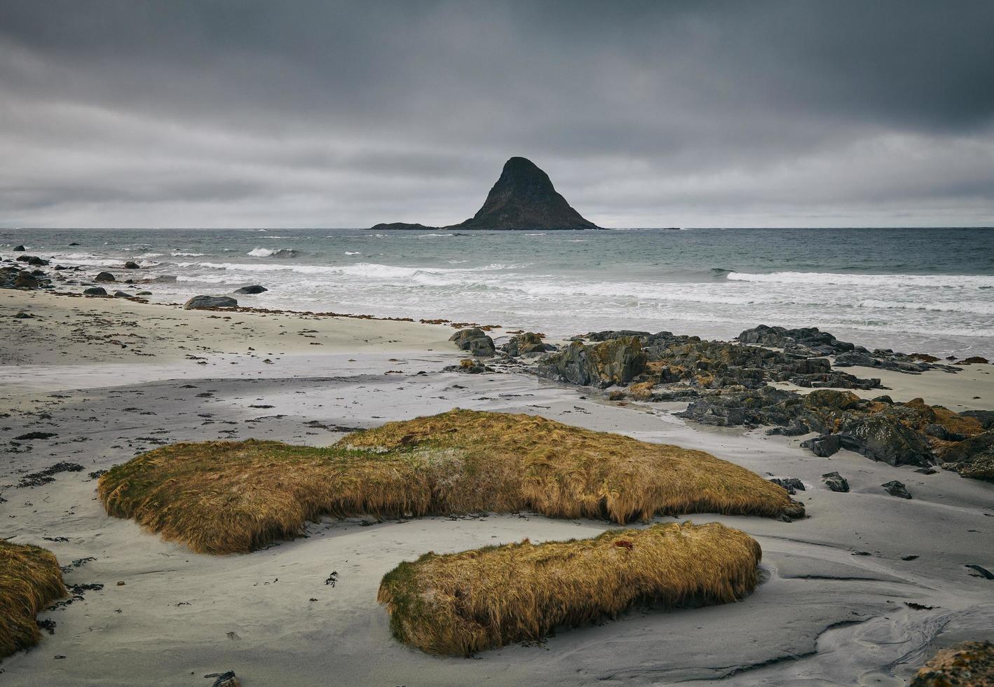 Mossy rock on coastal shore photo