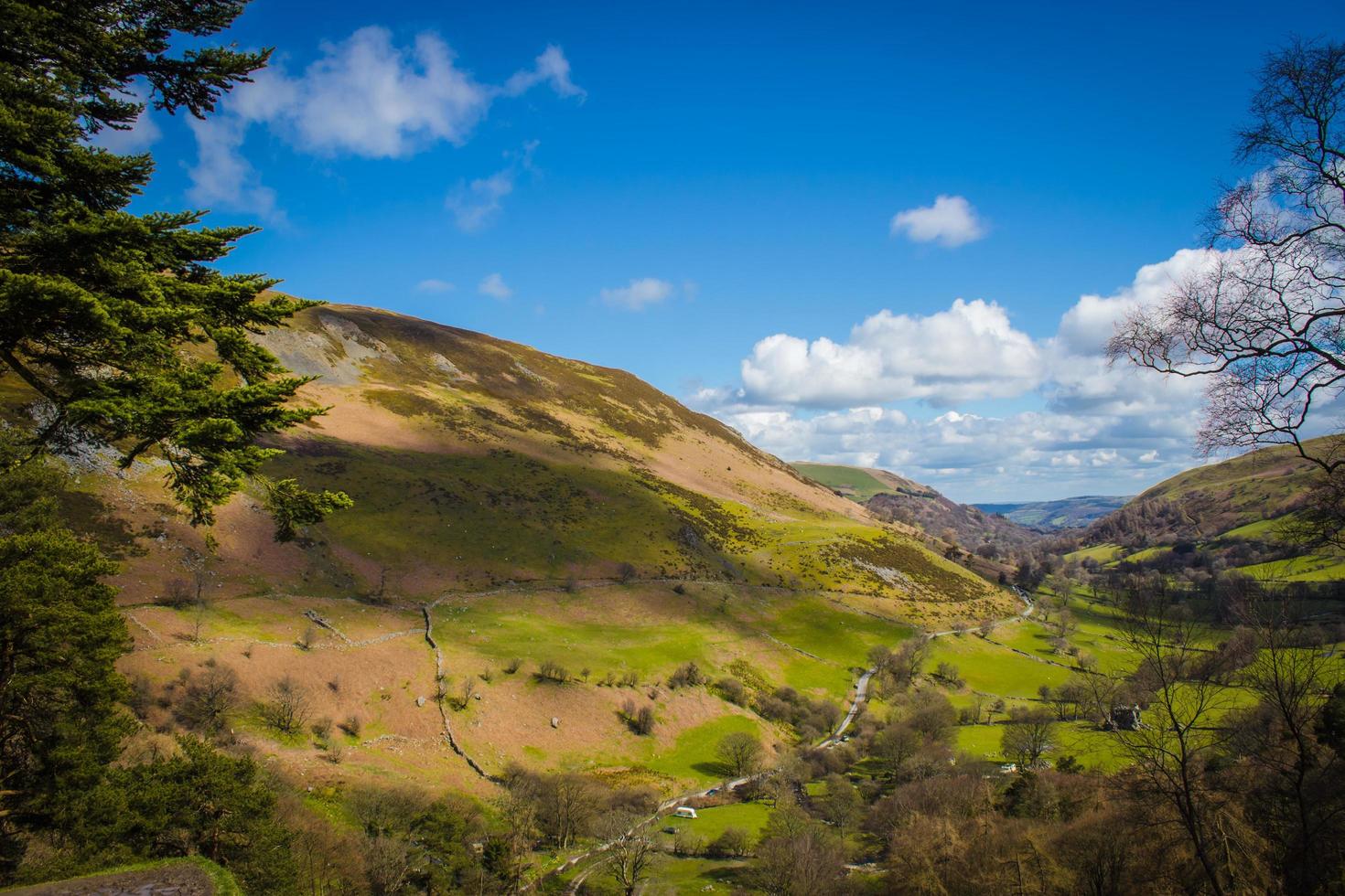 Green hilltop grass under blue sky photo