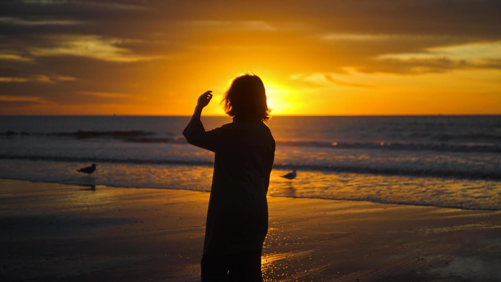 Silhouette of woman standing on seashore  photo