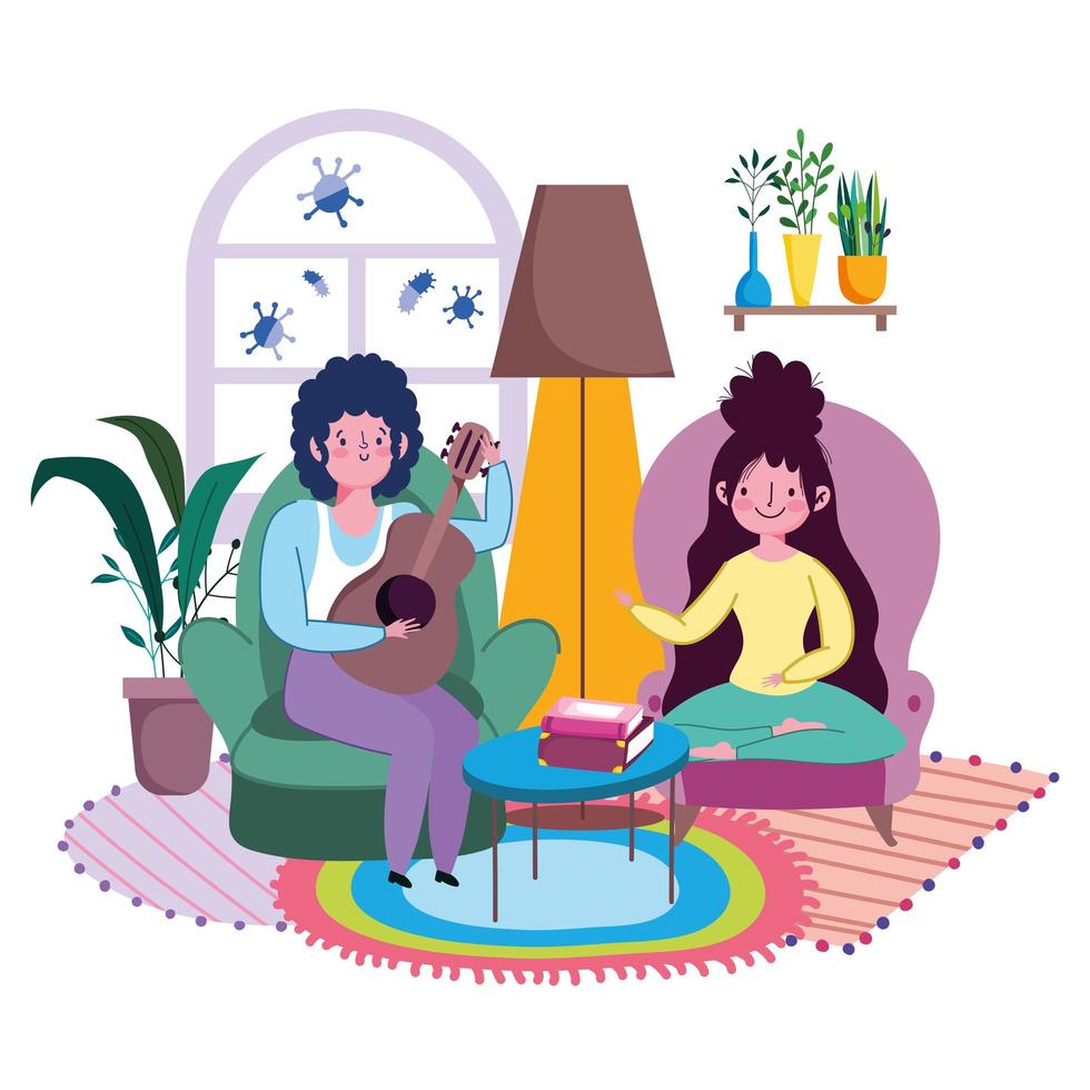 A couple in the living room playing music together vector