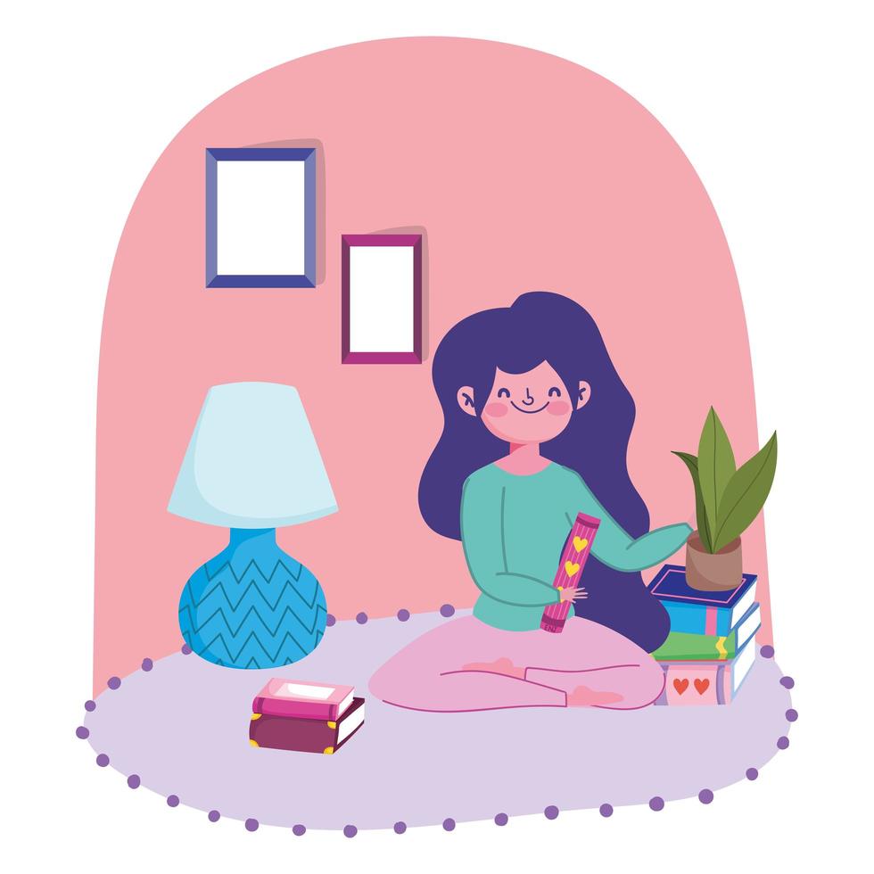 Young girl on the floor with books and plants vector