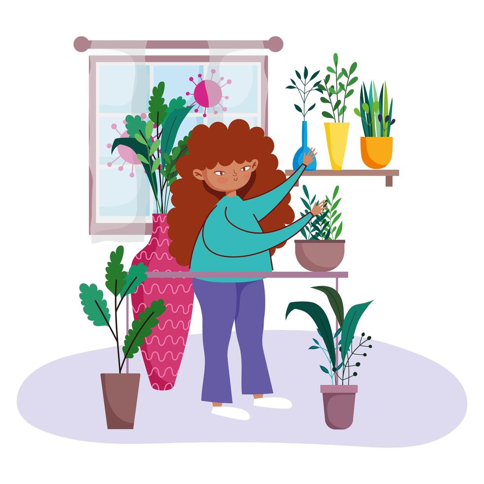 Young woman taking care of potted plants vector