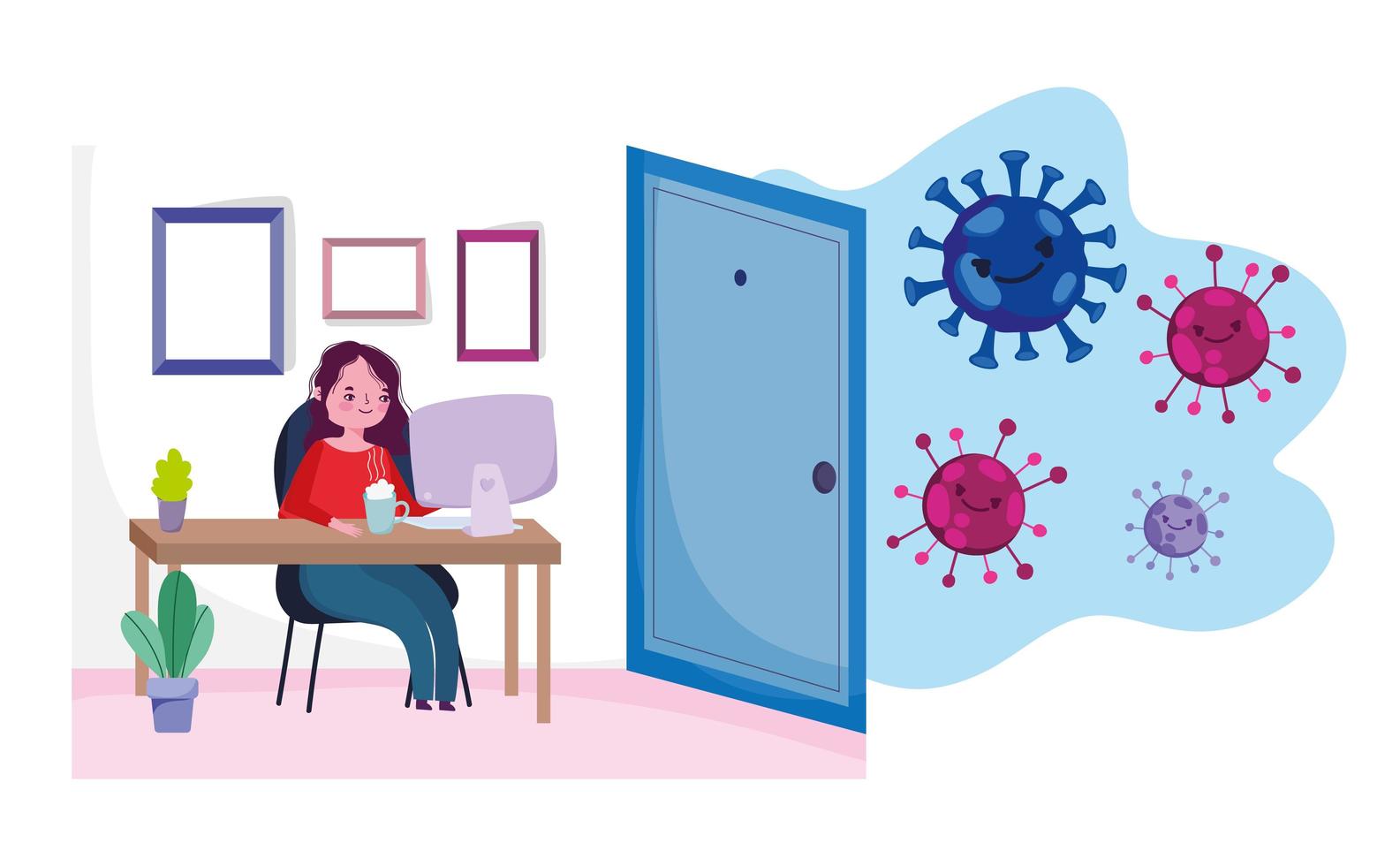 Young woman working from home during coronavirus outbreak vector