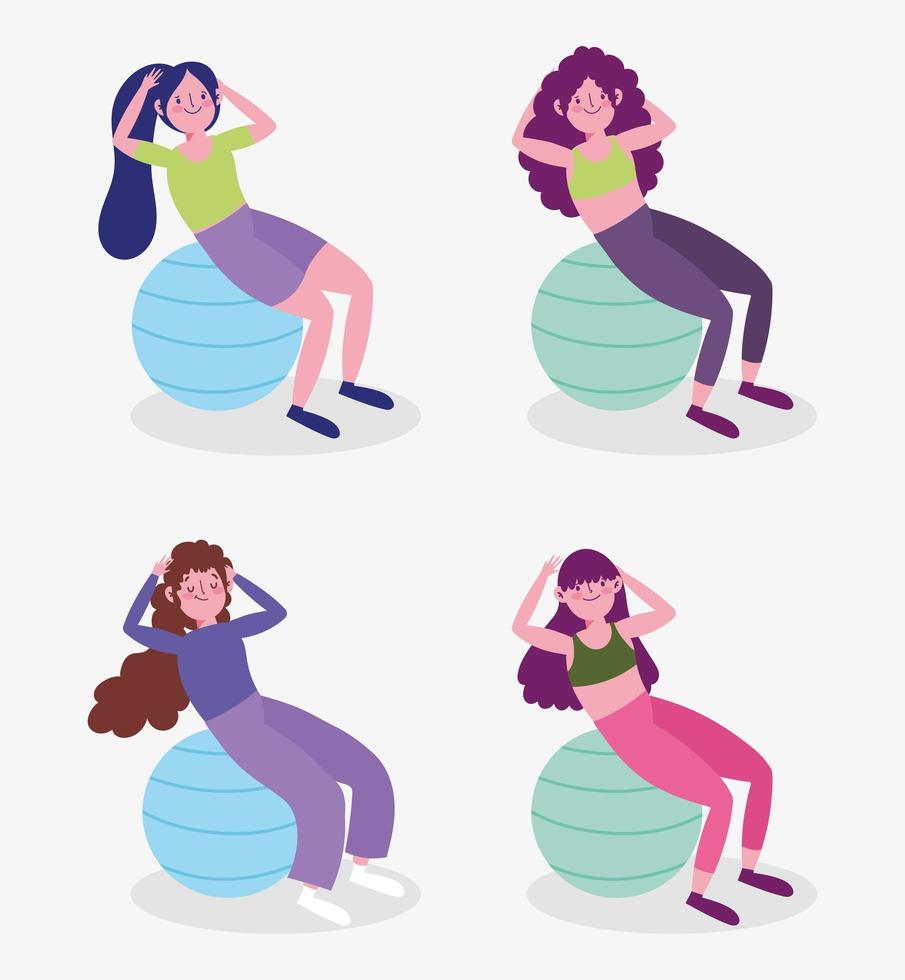 conjunto de mujeres jóvenes haciendo ejercicio con fit ball vector