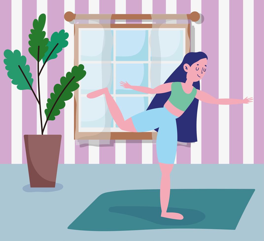 Teenage girl stretching on a yoga mat at home vector