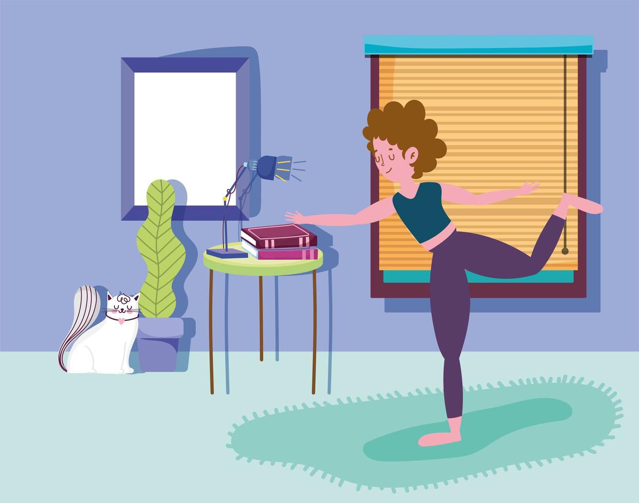 gato mirando mujer haciendo yoga en casa vector