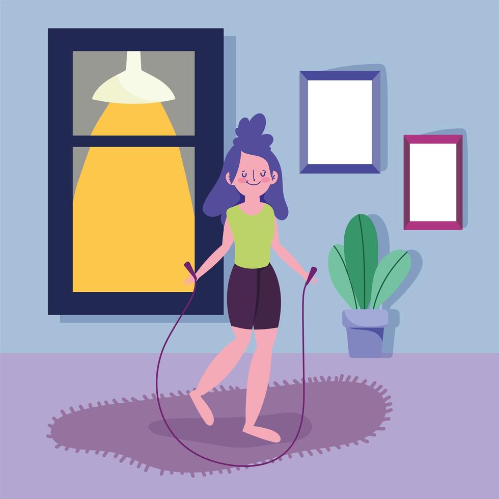 Young girl jumping rope and exercising indoors vector