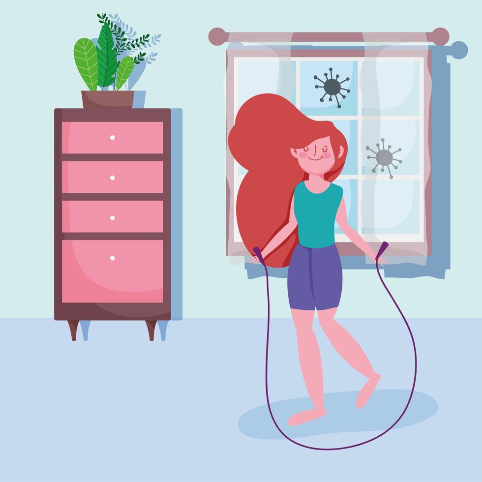 Young girl jumping rope and exercising at home vector