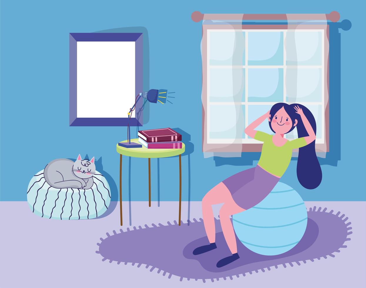 Young girl working out with exercise ball at home vector